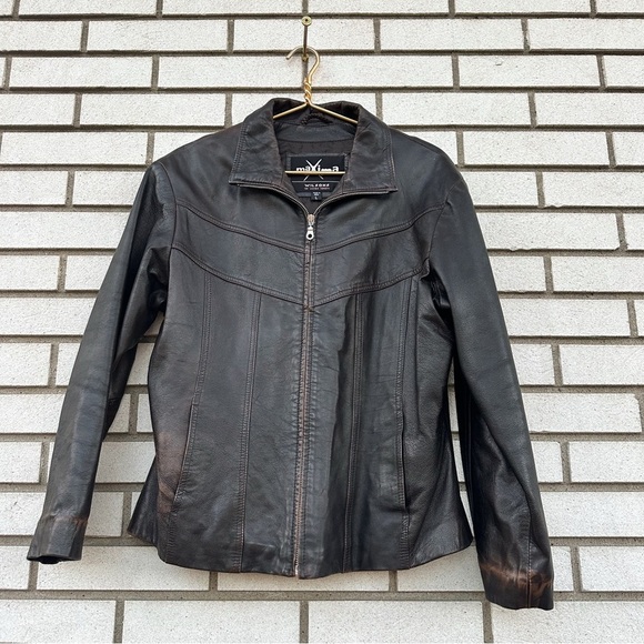 Wilsons Leather Maxima Brown Distressed Zip Front Jacket Vintage Y2K Moto Style - Picture 1 of 15